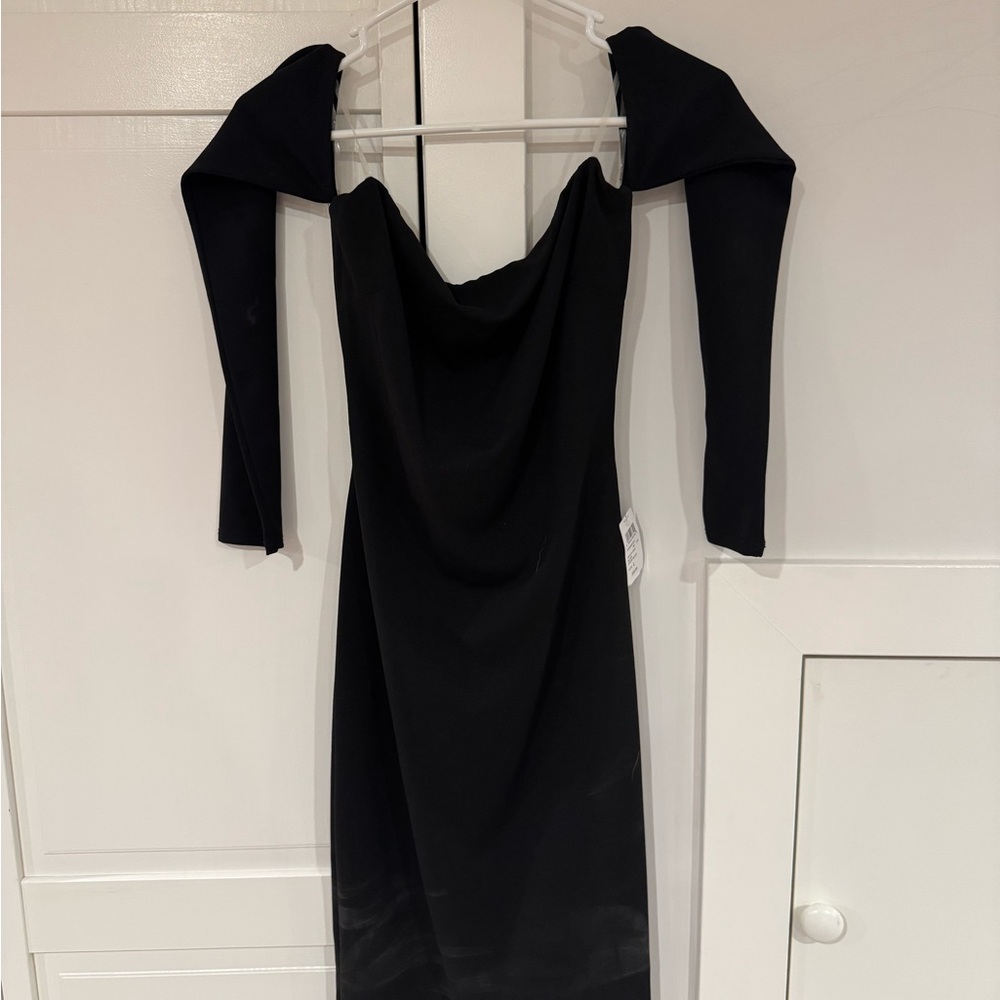 Windsor Black Off-Shoulder Midi Dress with Ruched Back — Size M NWT